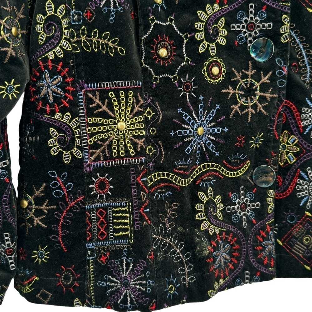 Chico's Statement Jacket Black Velour Colorful Embroidery Studded Boxy | 1 8/10 - Picture 7 of 11